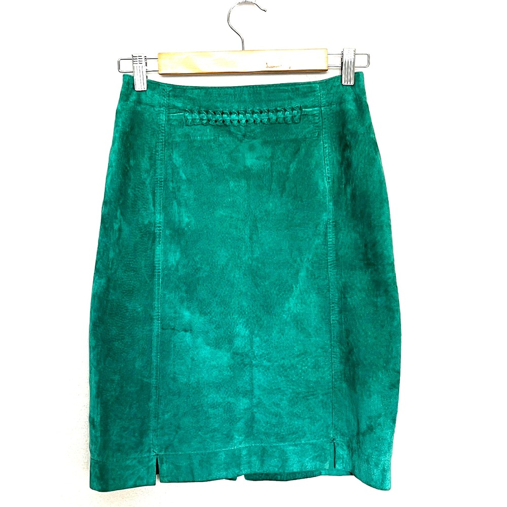 Giorgio Mobiani Vintage Emerald Green Suede Leather Pencil Skirt Woven Detail 8 - Picture 2 of 11